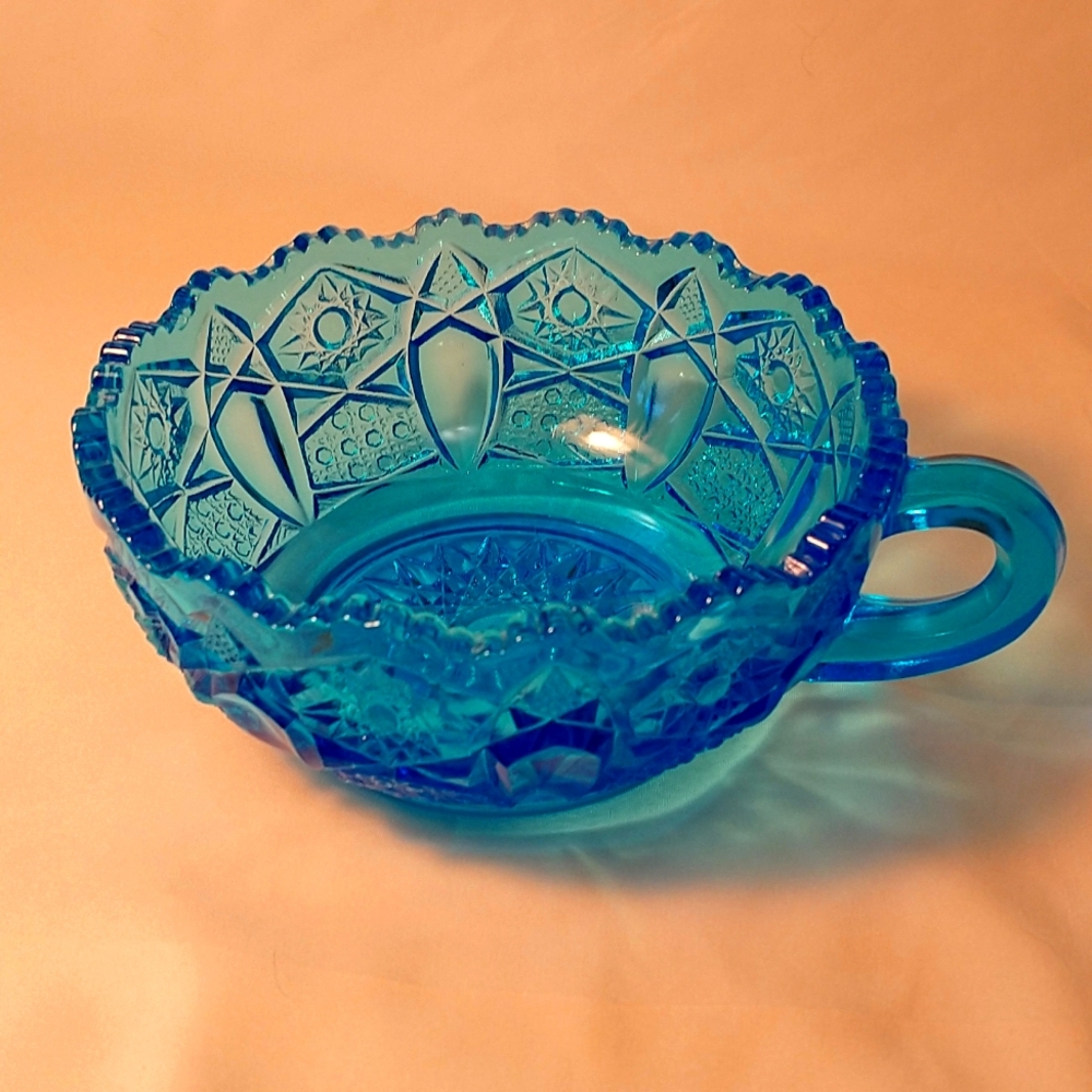 Vintage L E Smith Heritage Aqua Blue Glass handled relish dish